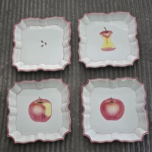 Vietri Hand-Painted Apple Square Dessert Plates with Pink Trim - Set of 4